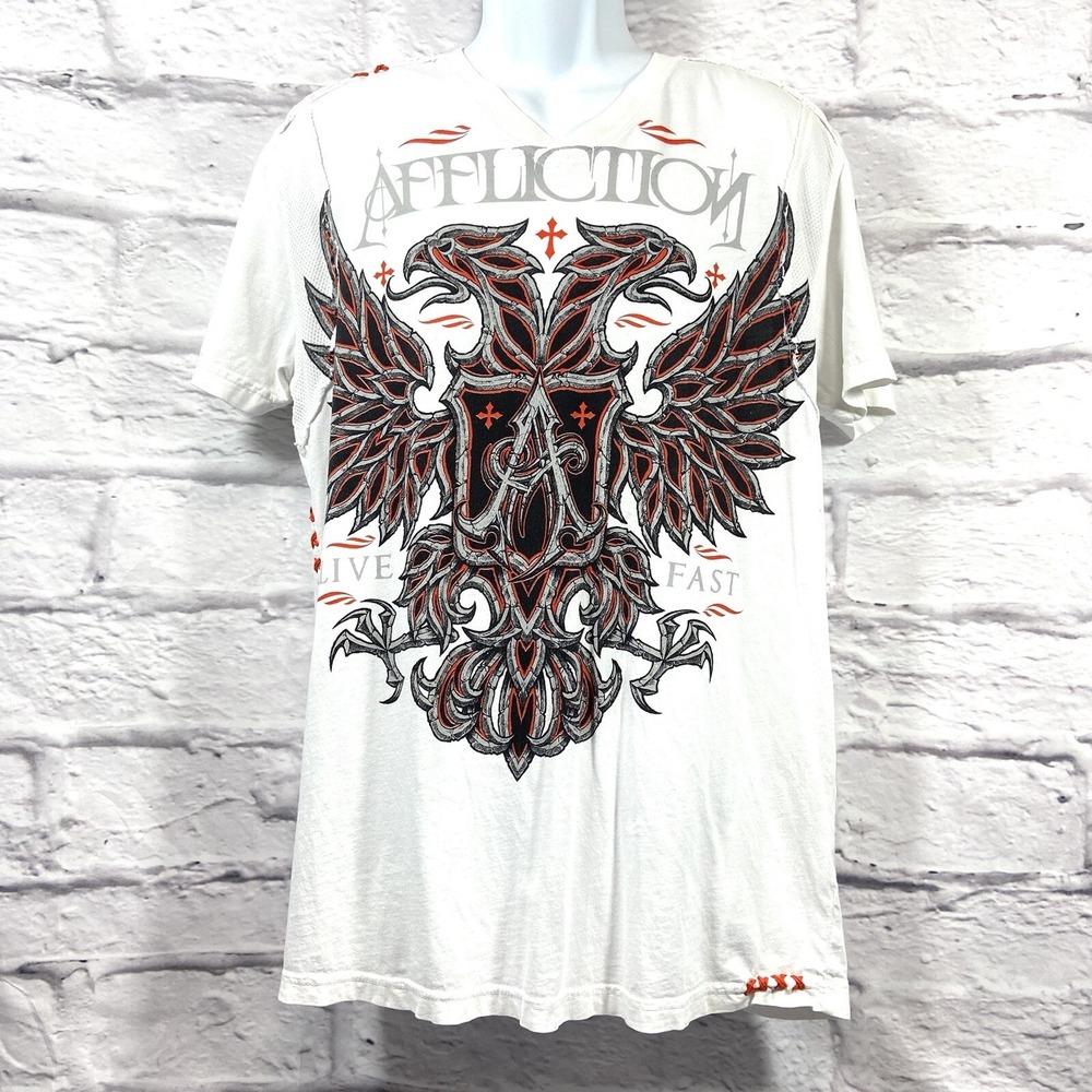 Affliction T-Shirt Men's Large White Live Fast Graphic Short Sleeves Y2K - Picture 1 of 11
